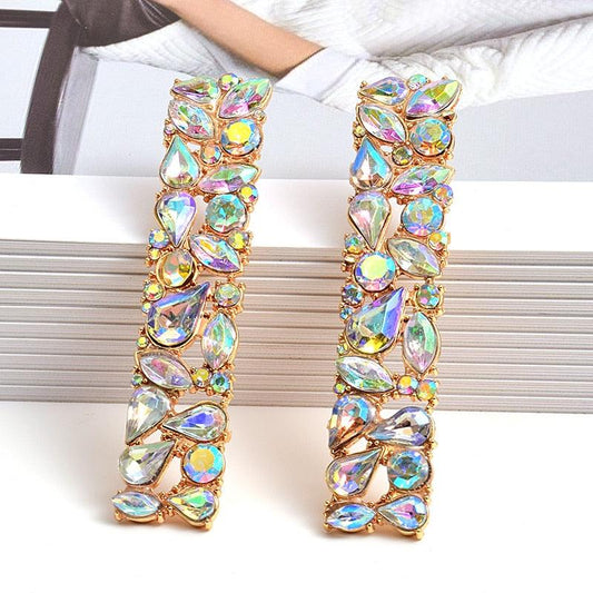 Rectangle Colorful Rhinestone Long Drop Earrings - ODDSALTBoutique
