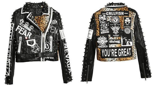 Graffiti Faux Leather Jacket Cropped Moto-Bad Kitty - ODDSALTBoutique