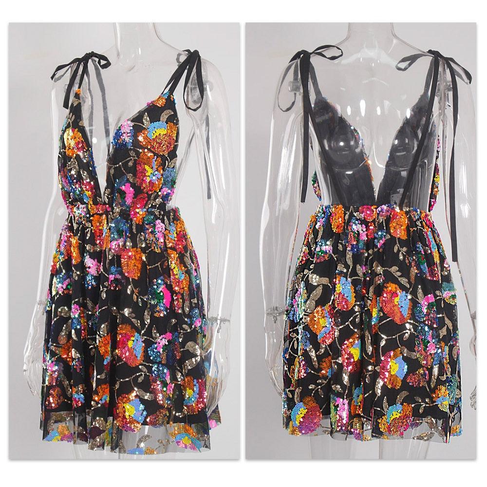Sequin Floral Dress Backless Dress - ODDSALTBoutique