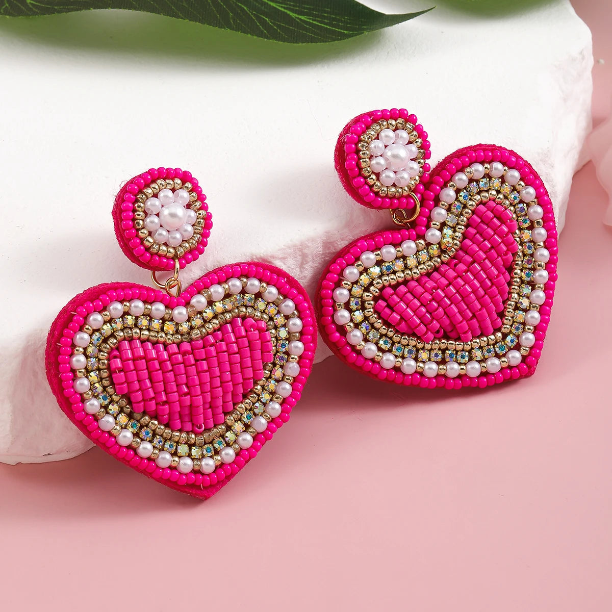 Handmade Beaded  Pink Heart Pendant Drop Earrings