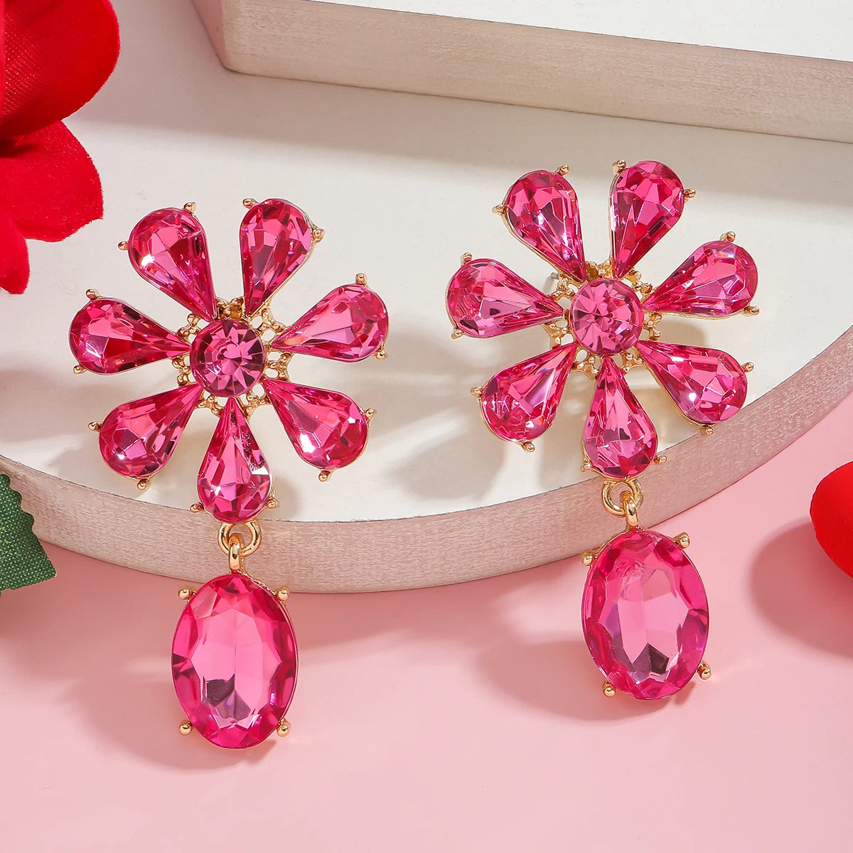 Pink Geometric Rhinestone Dangle Earrings