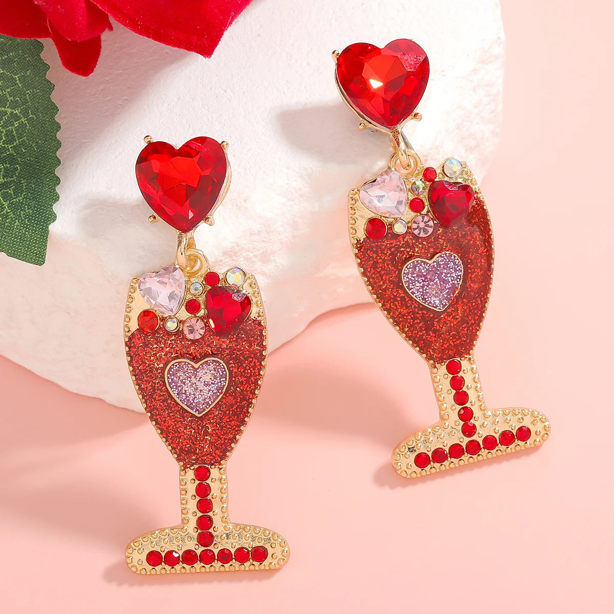 Red Rhinestone Heart Champagne Bottle Dangle Earrings