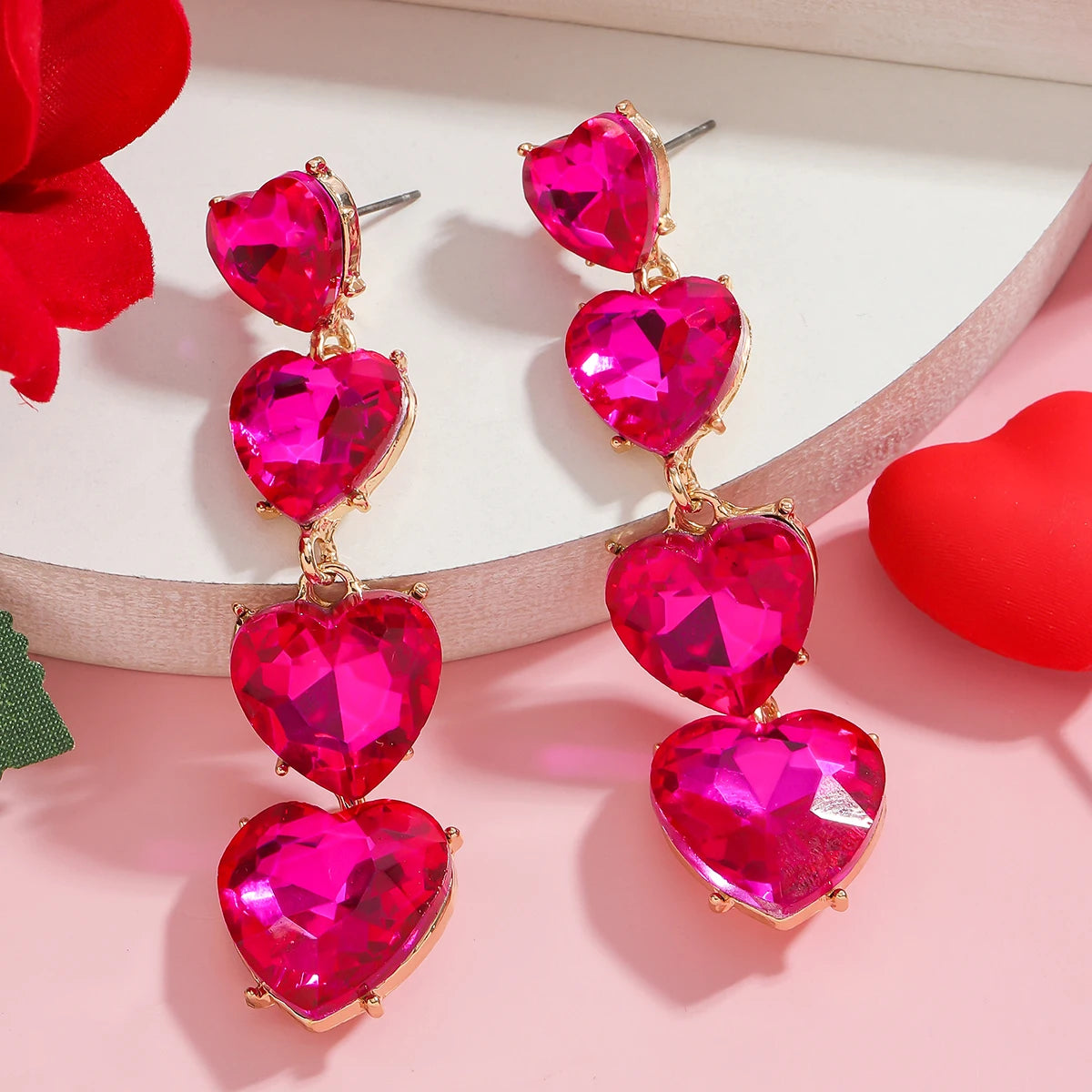 Pink Geometric Rhinestone Dangle Earrings