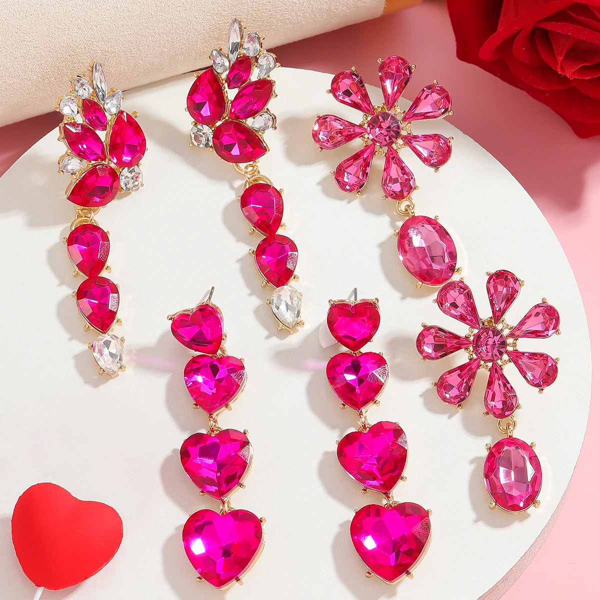 Pink Geometric Rhinestone Dangle Earrings