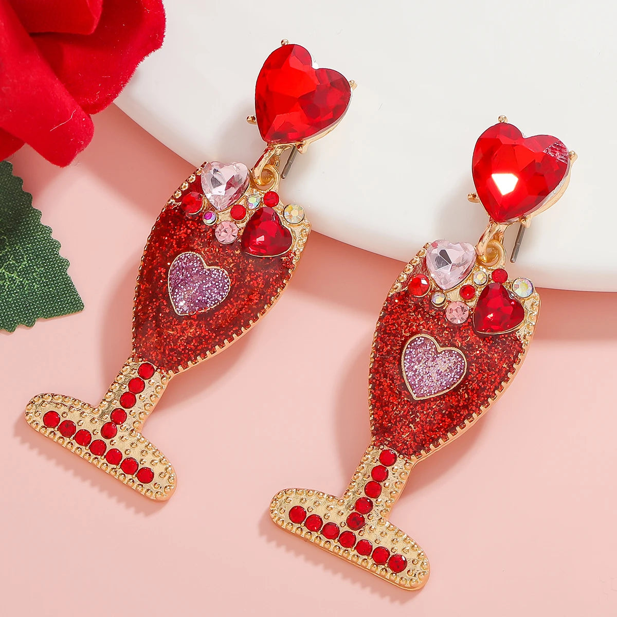 Red Rhinestone Heart Champagne Bottle Dangle Earrings