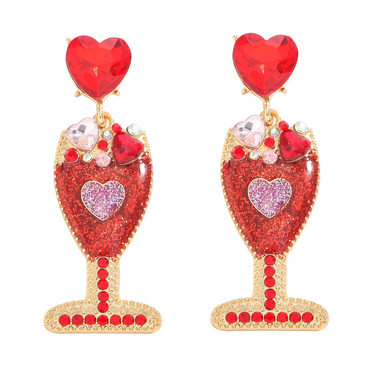 Red Rhinestone Heart Champagne Bottle Dangle Earrings