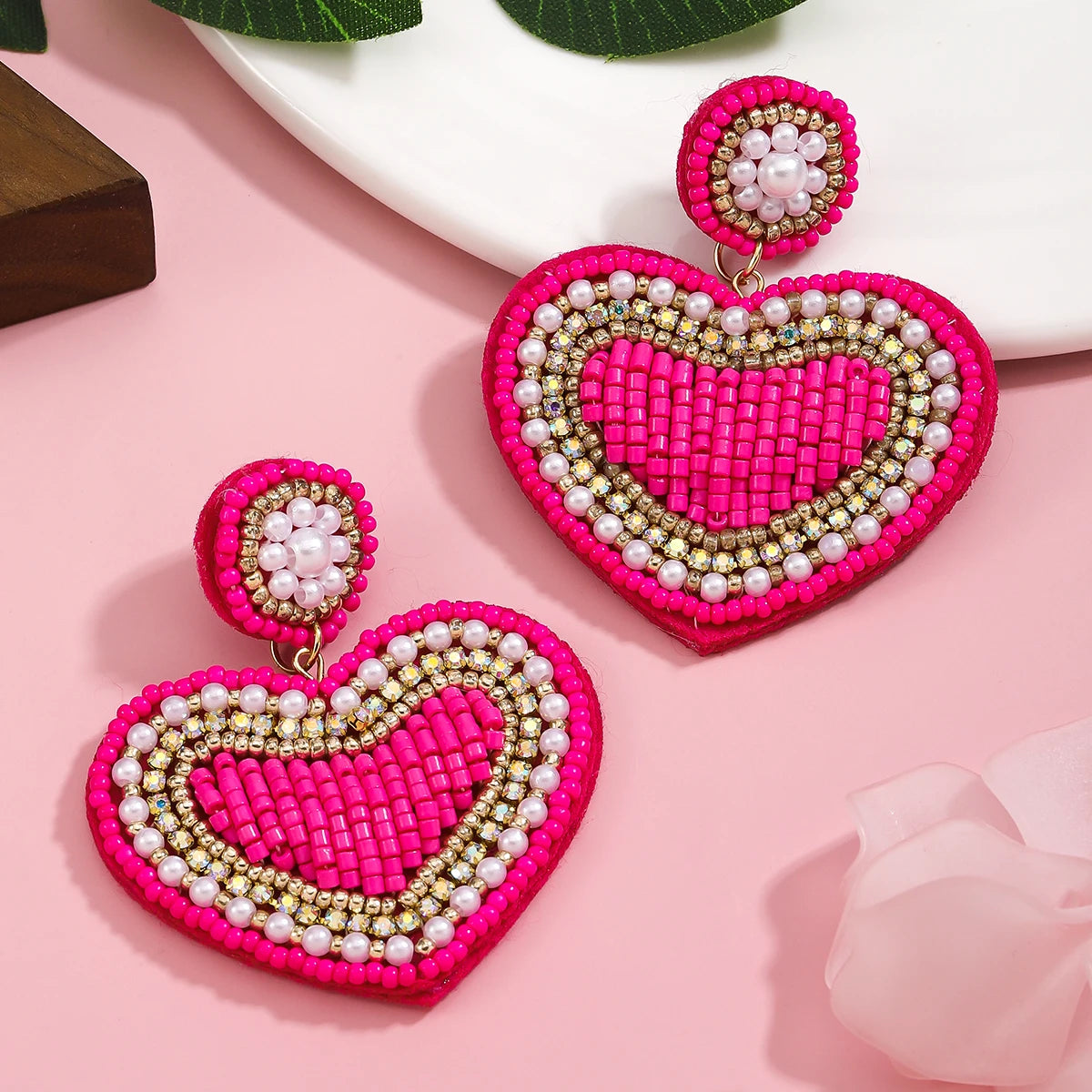 Handmade Beaded  Pink Heart Pendant Drop Earrings