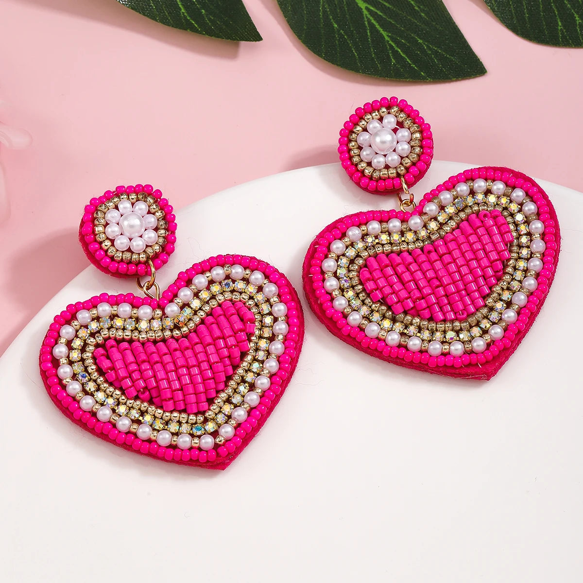 Handmade Beaded  Pink Heart Pendant Drop Earrings