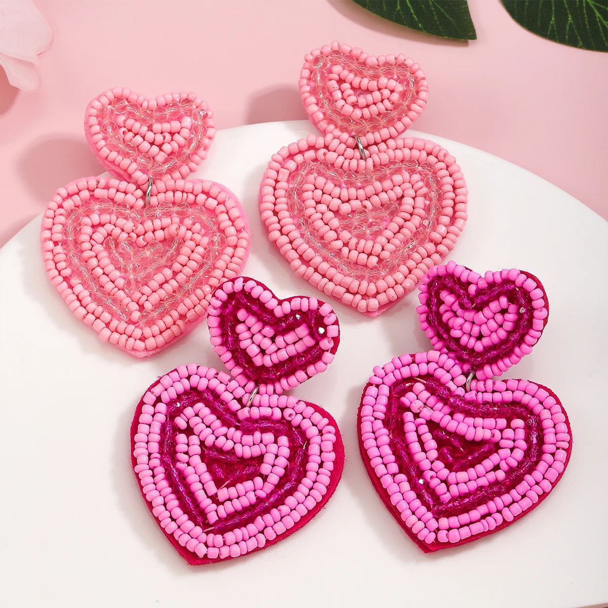 Heart Handmade Beaded Multicolor Pink Dangle Earrings