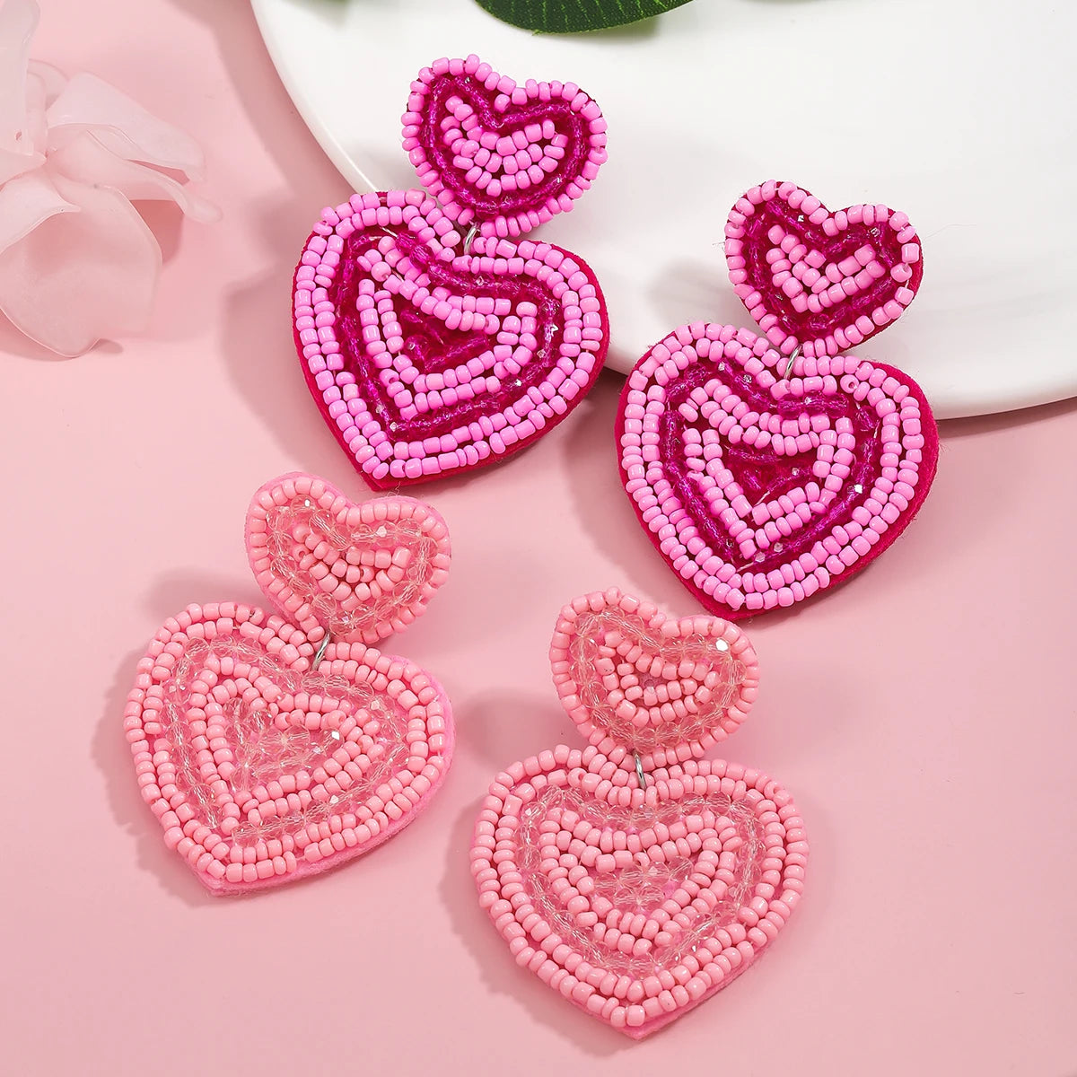 Heart Handmade Beaded Multicolor Pink Dangle Earrings