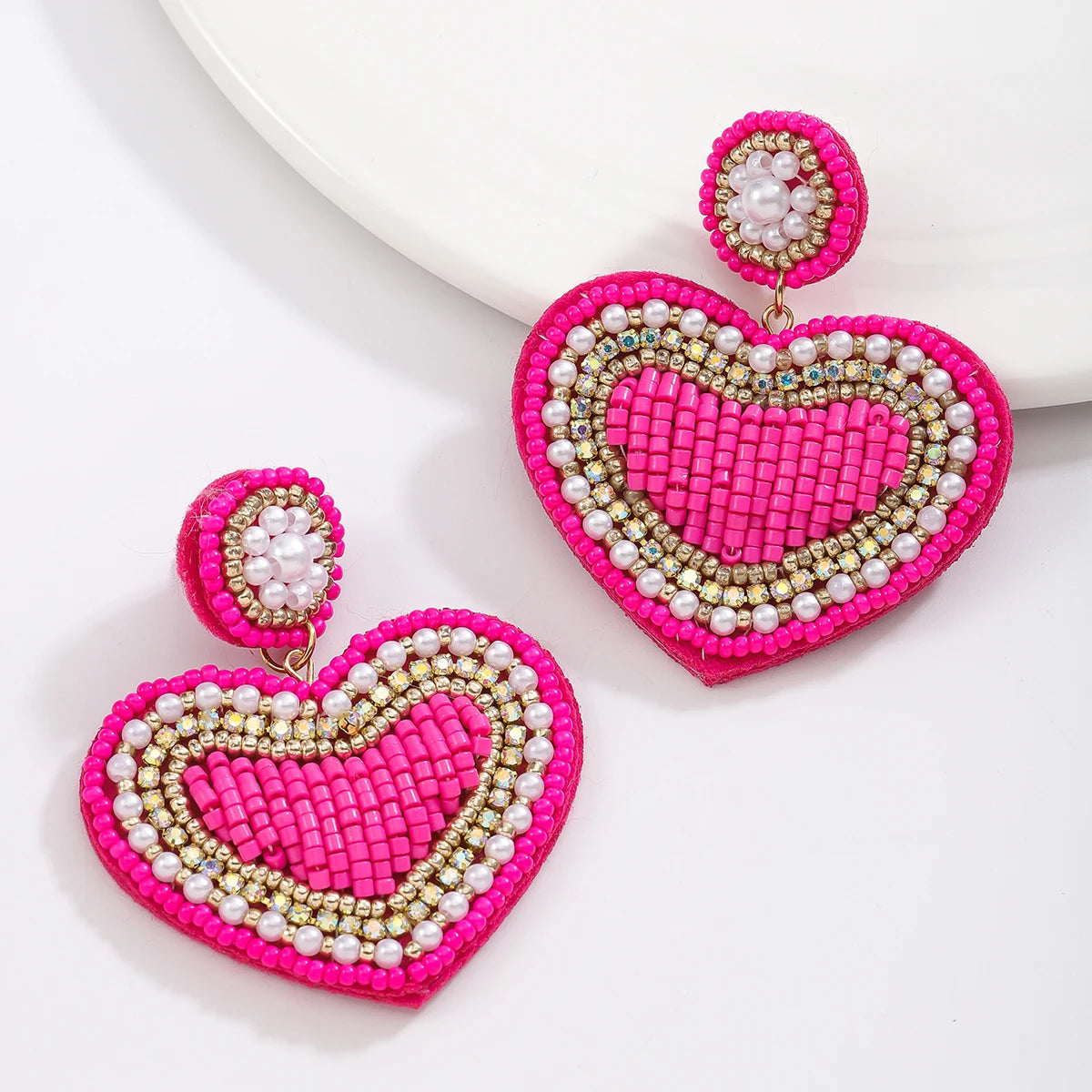 Handmade Beaded  Pink Heart Pendant Drop Earrings