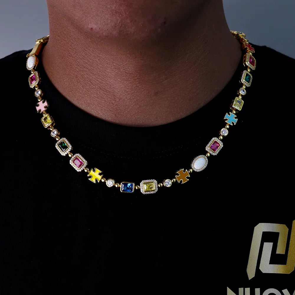 Multi Color Motif Stone Link Necklace