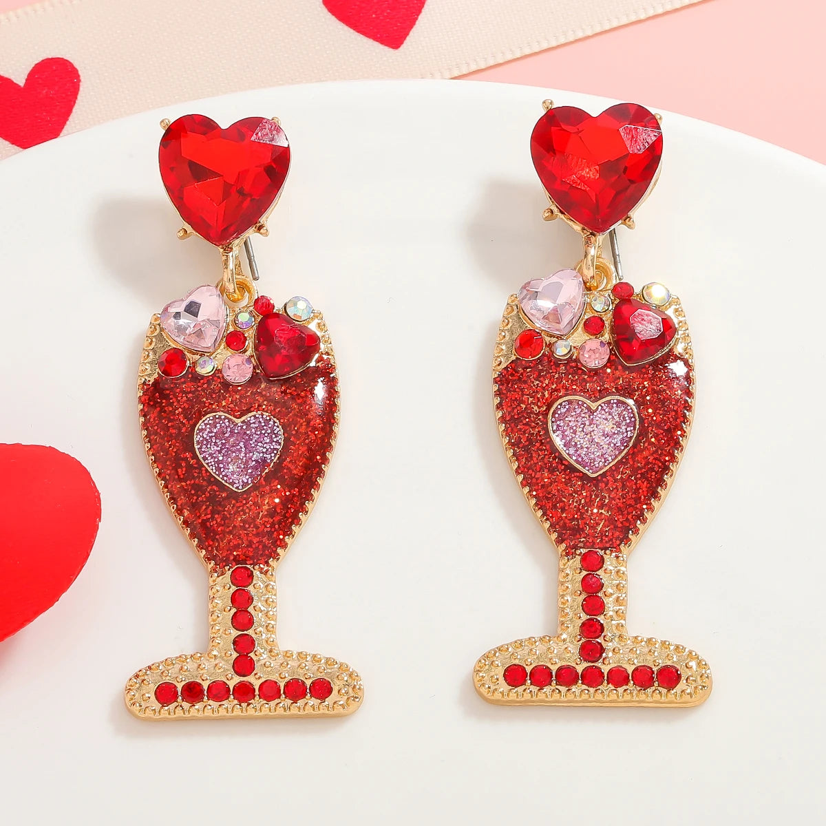 Red Rhinestone Heart Champagne Bottle Dangle Earrings