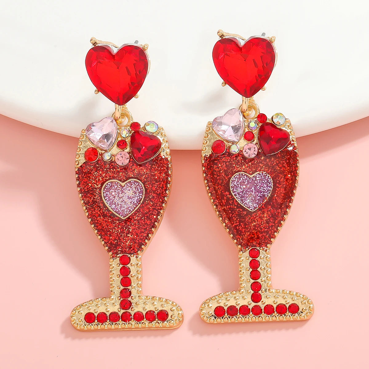 Red Rhinestone Heart Champagne Bottle Dangle Earrings