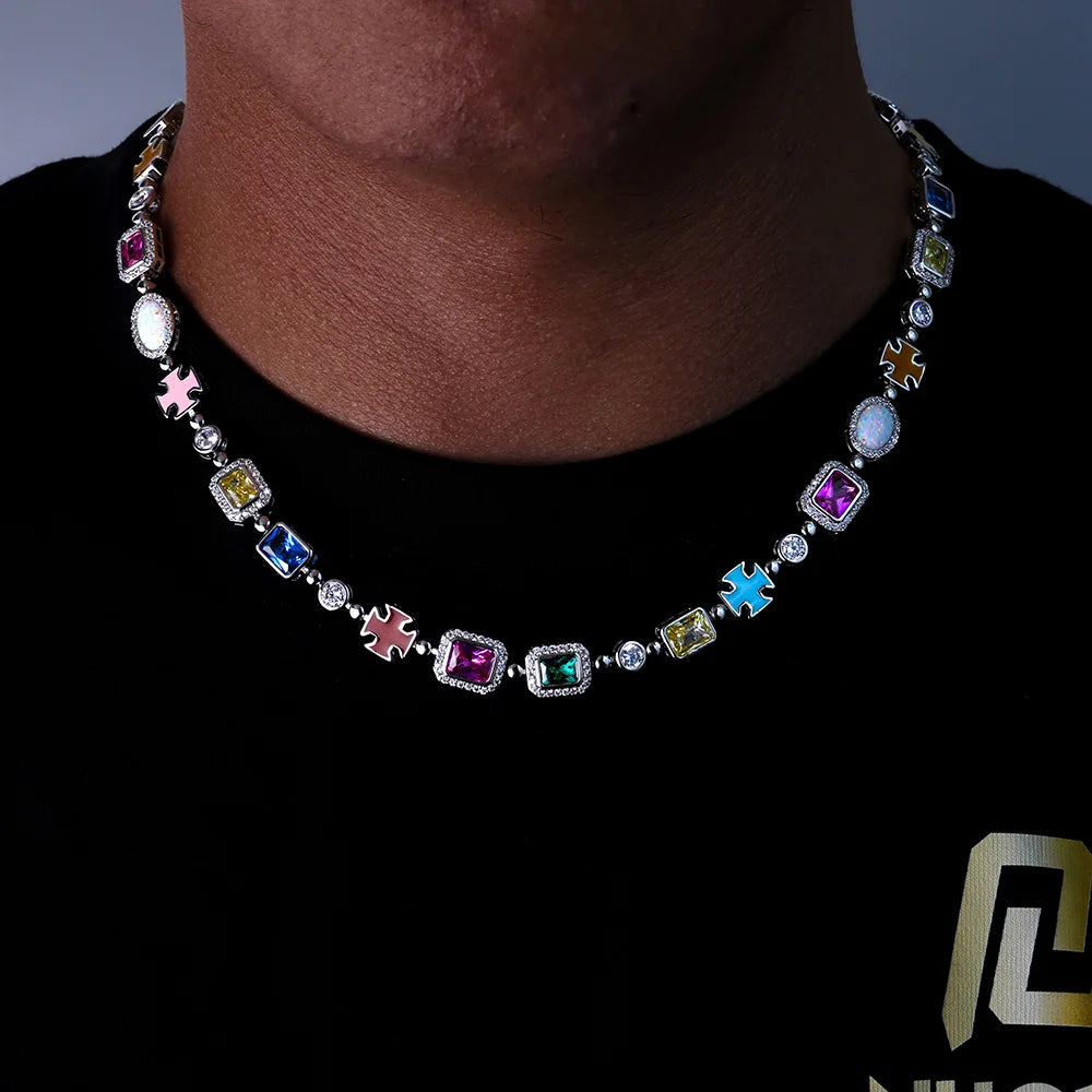 Multi Color Motif Stone Link Necklace