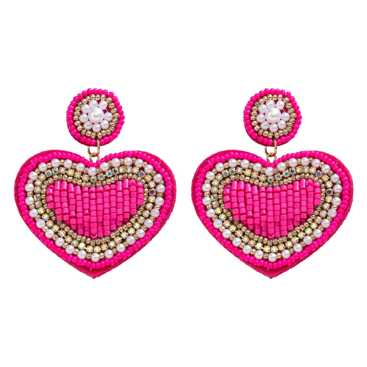 Handmade Beaded  Pink Heart Pendant Drop Earrings