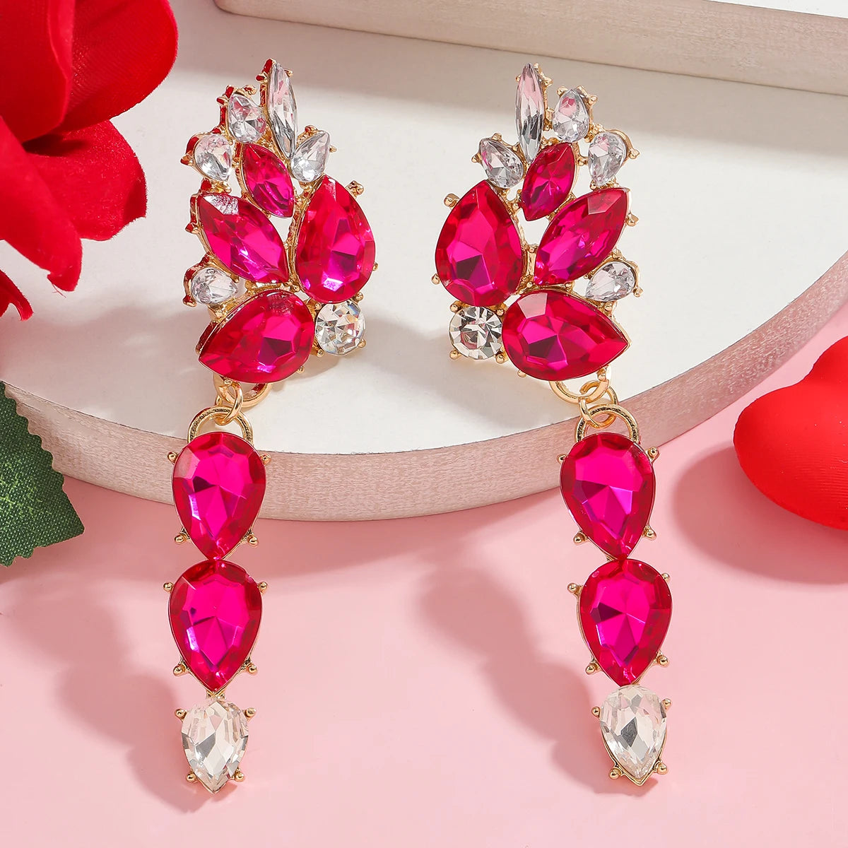 Pink Geometric Rhinestone Dangle Earrings