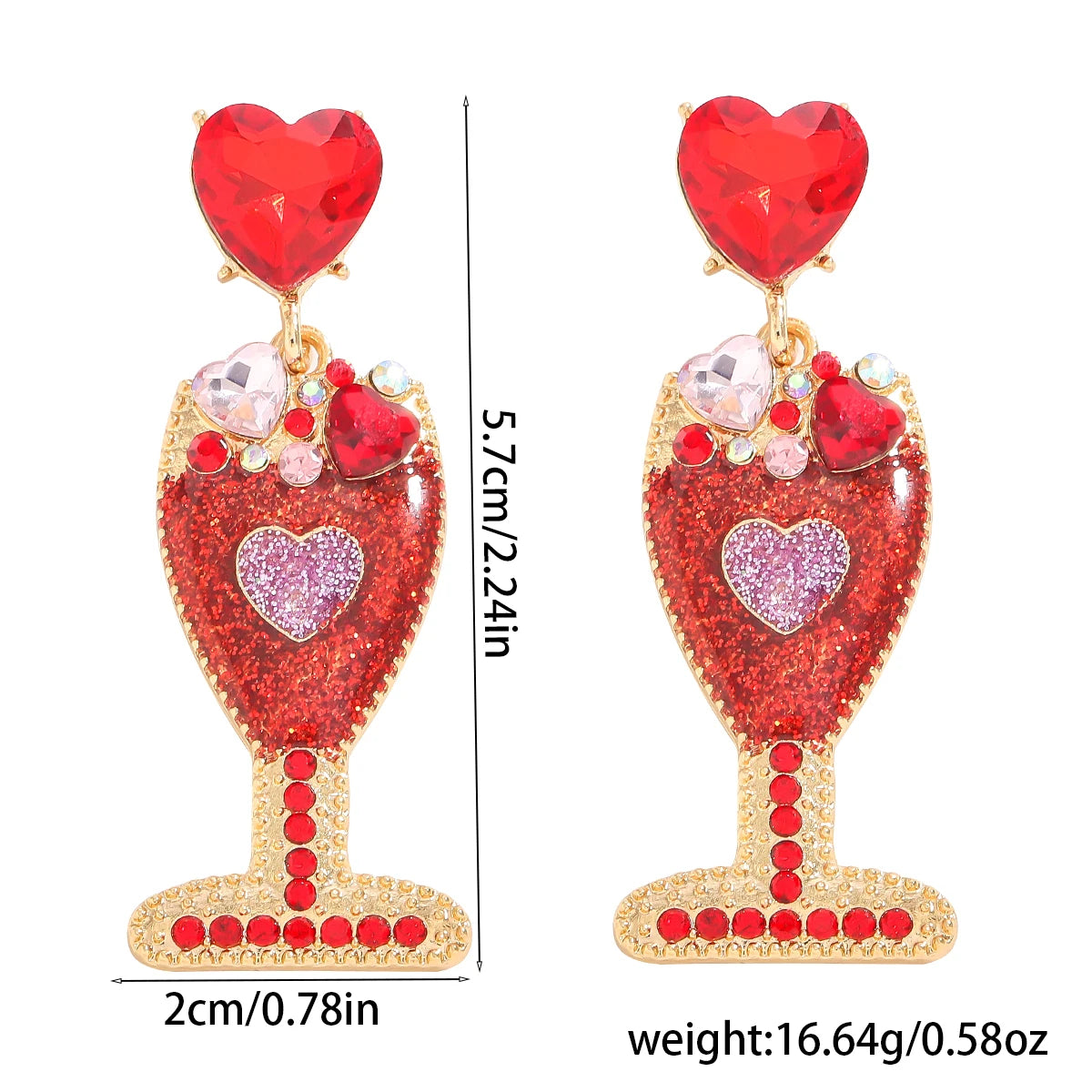 Red Rhinestone Heart Champagne Bottle Dangle Earrings