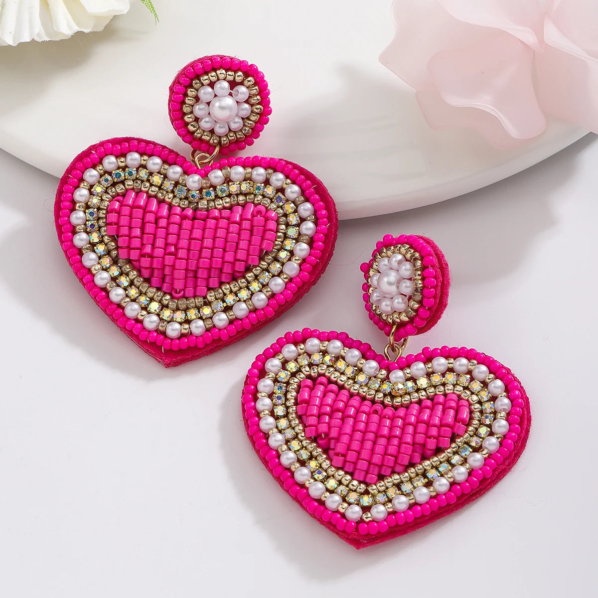 Handmade Beaded  Pink Heart Pendant Drop Earrings