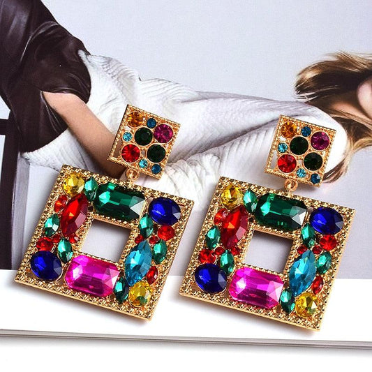 Square Metal Colorful Crystal Dangle Drop Earrings - ODDSALTBoutique