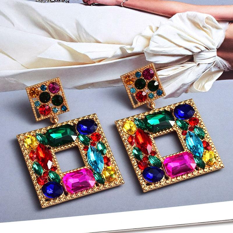 Square Metal Colorful Crystal Dangle Drop Earrings - ODDSALTBoutique