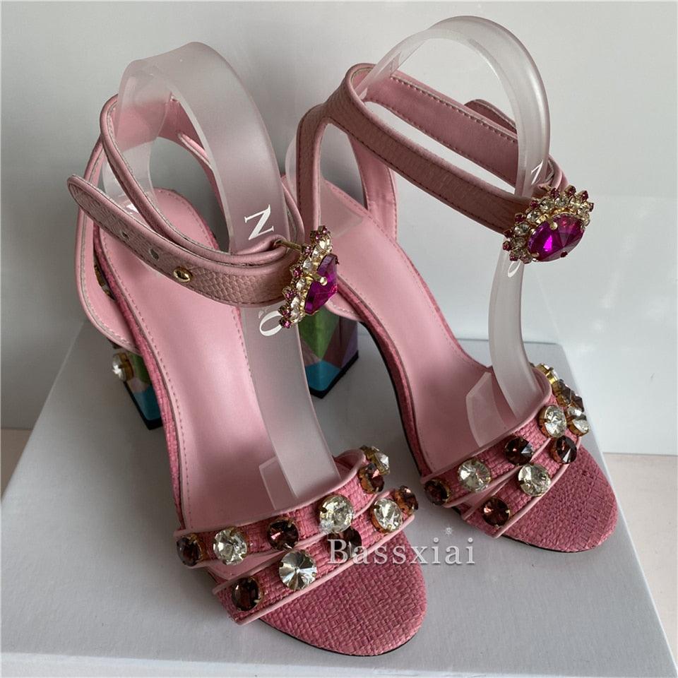 Purple Diamond Rhinestone Chunky Heel Sandals - ODDSALTBoutique