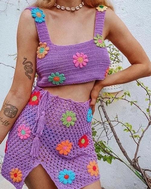 Retro Floral Print Knitted Skirt Set - ODDSALTBoutique