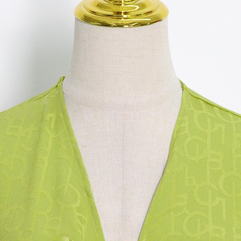 Green V Neck Flounce Sleeve Tie Front Blouse - ODDSALTBoutique