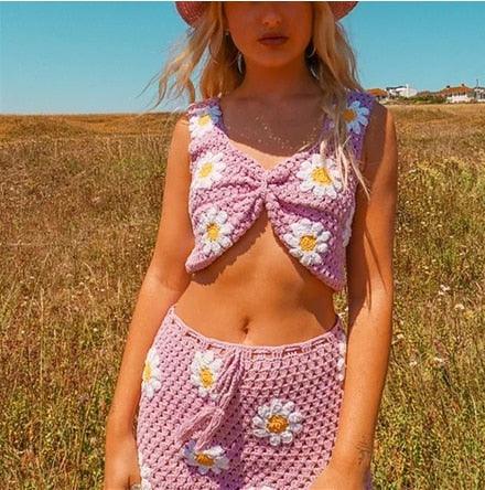 Retro Floral Print Knitted Skirt Set - ODDSALTBoutique