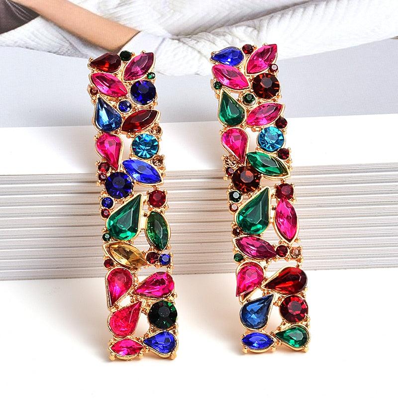 Rectangle Colorful Rhinestone Long Drop Earrings - ODDSALTBoutique
