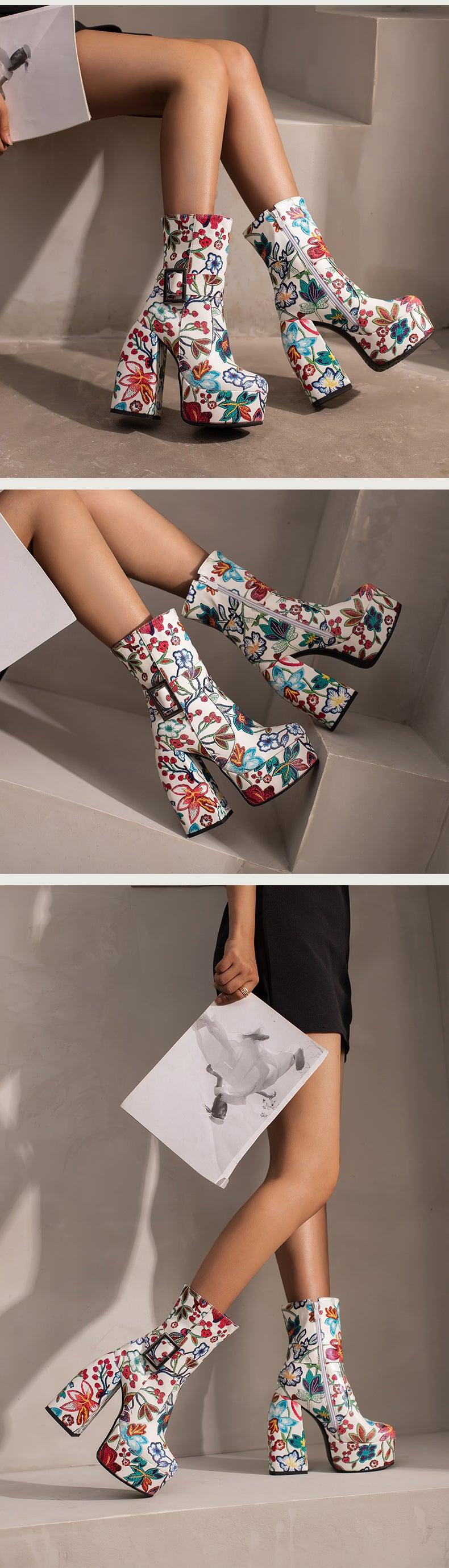 Retro Platform Mid-Calf Floral Boots - ODDSALTBoutique