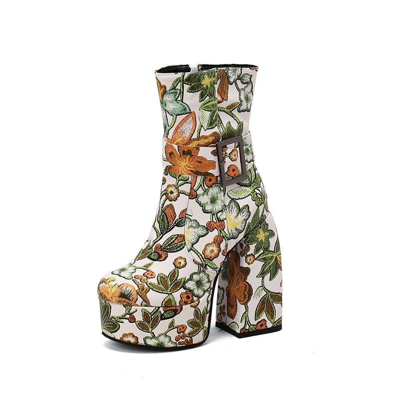 Retro Platform Mid-Calf Floral Boots – ODDSALTBoutique