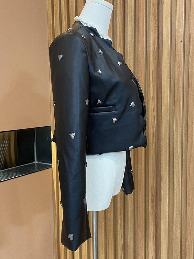 Heart Studded Faux Leather Jacket - ODDSALTBoutique