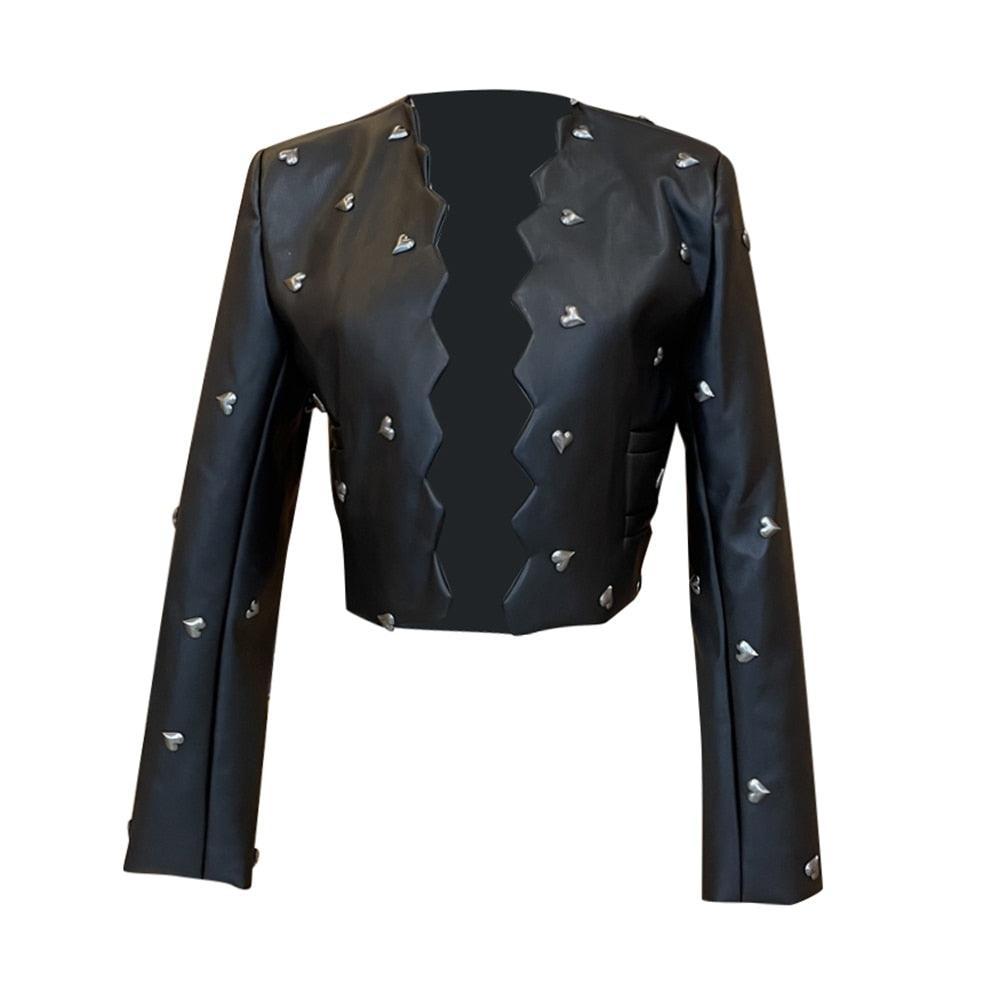 Heart Studded Faux Leather Jacket - ODDSALTBoutique