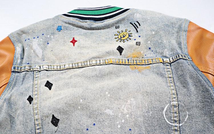 Denim PU Patchwork Embroidery Jean Jacket - ODDSALTBoutique
