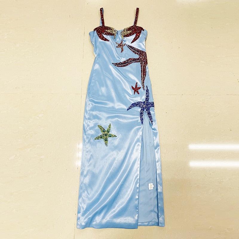 Blue Sequin Glitter Beaded Starfish Dress - ODDSALTBoutique