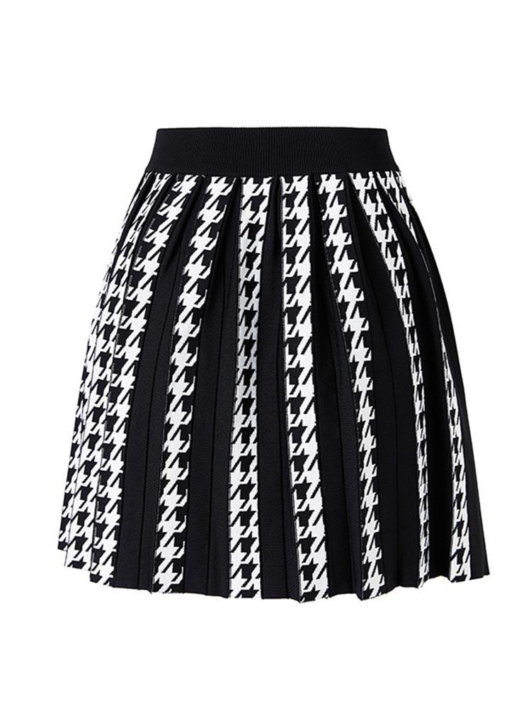 Houndstooth Pleated Knit Skirt - ODDSALTBoutique