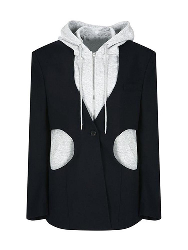 Hooded Abstract Patchwork Blazer with Cut Out Pocket Detail - ODDSALTBoutique