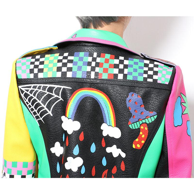 Graffiti Faux Leather Jacket Cropped Moto-Rainbow Lies - ODDSALTBoutique