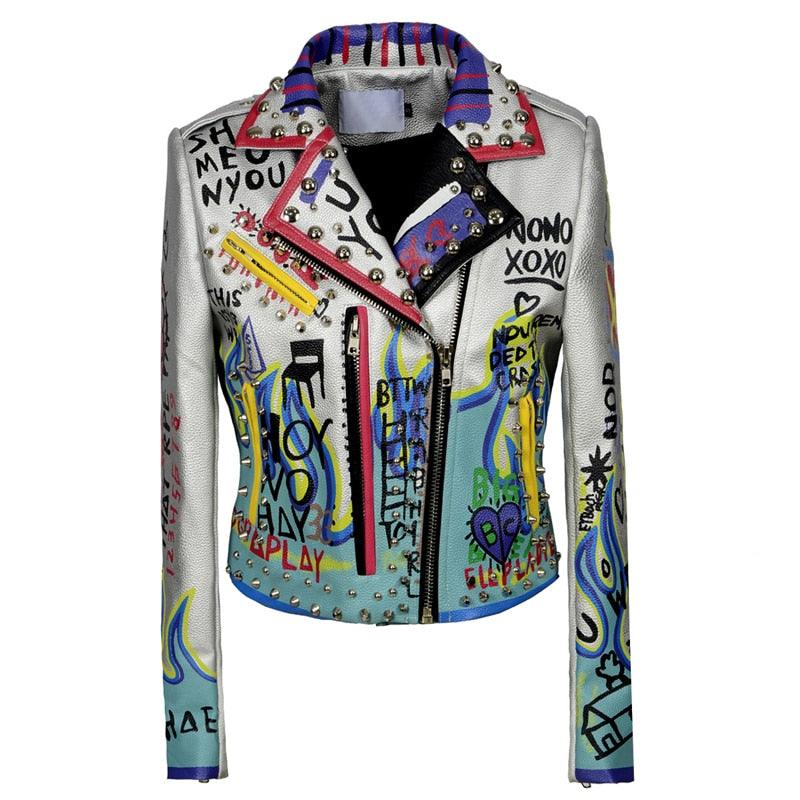 Graffiti Faux Leather Jacket Cropped Moto-Russian Vibes - ODDSALTBoutique