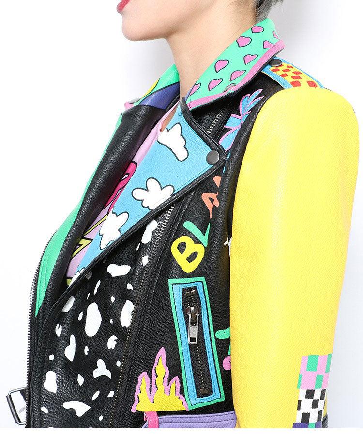 Graffiti Faux Leather Jacket Cropped Moto-Rainbow Lies - ODDSALTBoutique