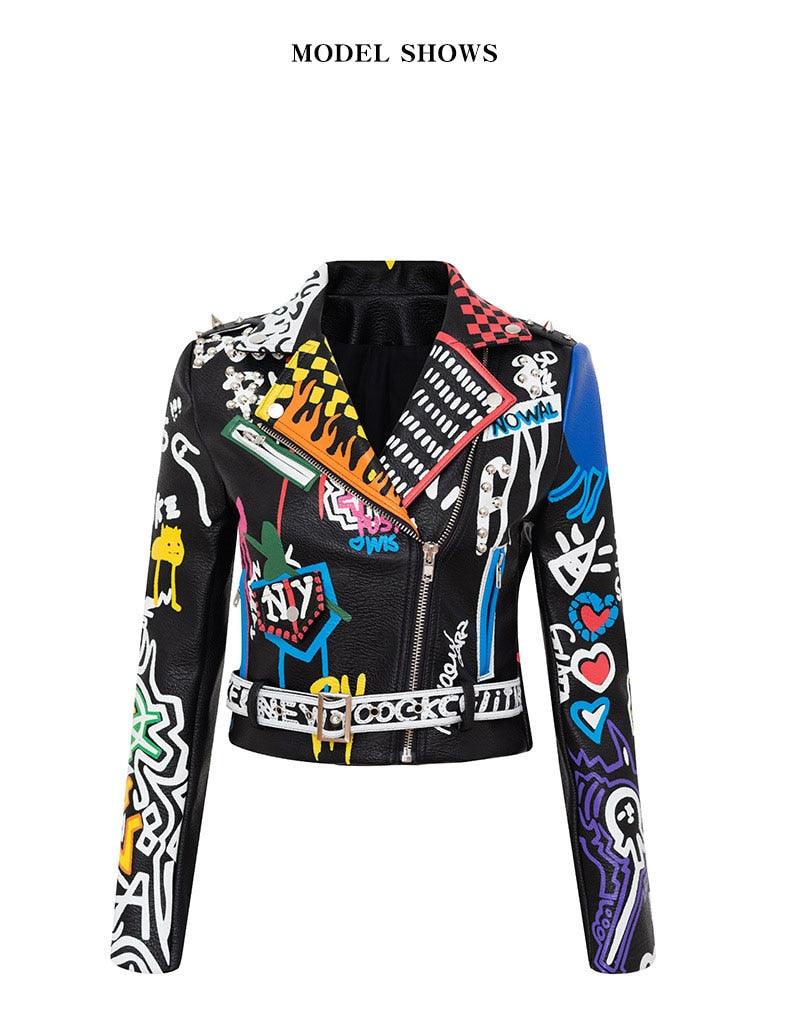 Graffiti Faux Leather Jacket Cropped Moto-Uptown - ODDSALTBoutique
