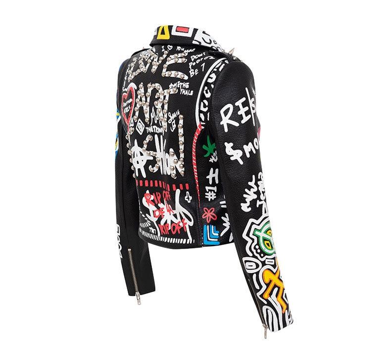 Graffiti Faux Leather Jacket Cropped Moto-Uptown - ODDSALTBoutique