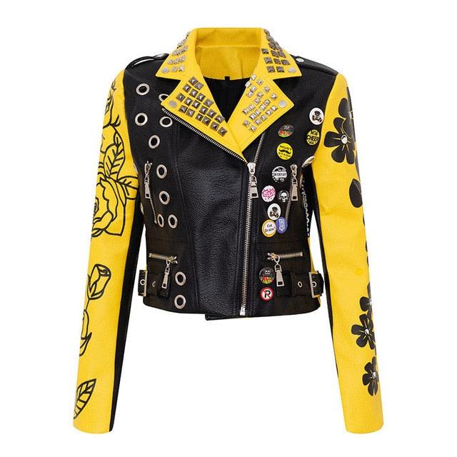 Graffiti Faux Leather Jacket Cropped Moto-Mellow Yellow - ODDSALTBoutique