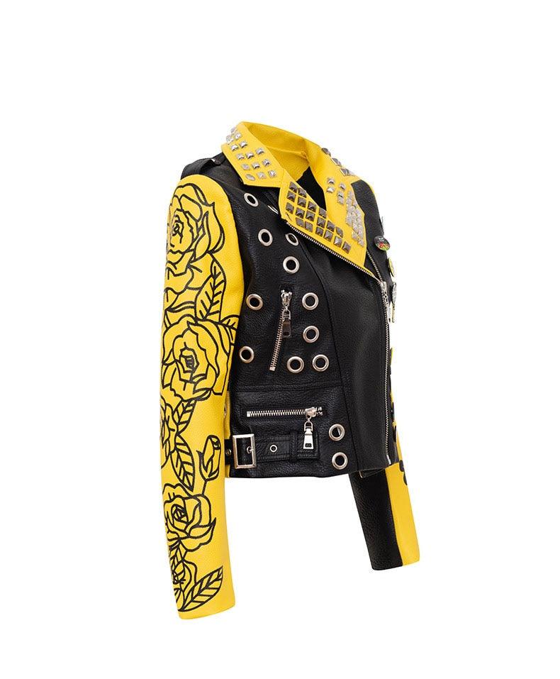 Graffiti Faux Leather Jacket Cropped Moto-Mellow Yellow - ODDSALTBoutique