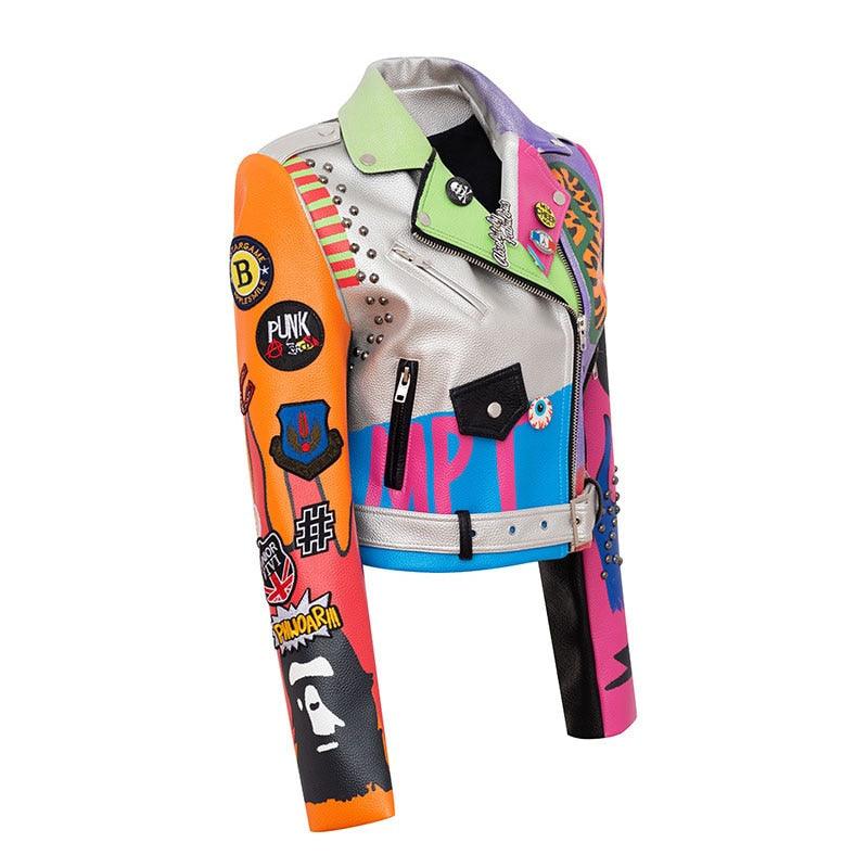 Graffiti Faux Leather Jacket Cropped Moto-Hard Times - ODDSALTBoutique