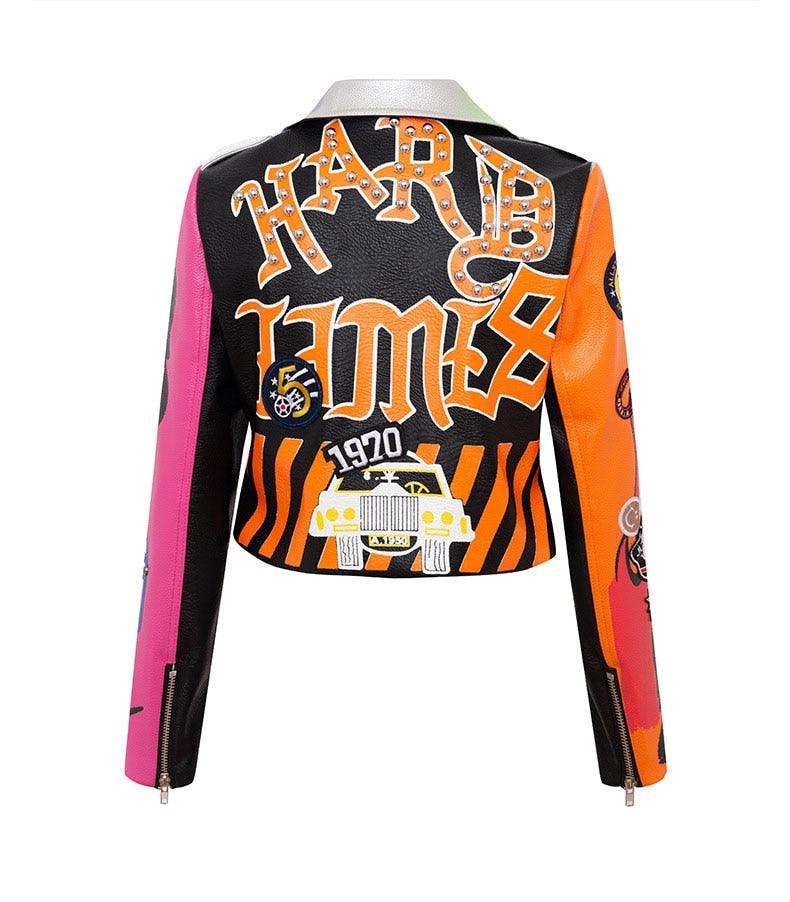 Graffiti Faux Leather Jacket Cropped Moto-Hard Times - ODDSALTBoutique