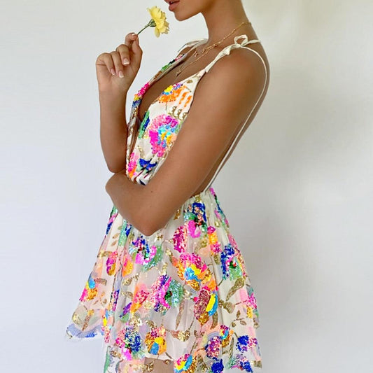Sequin Floral Dress Backless Dress - ODDSALTBoutique