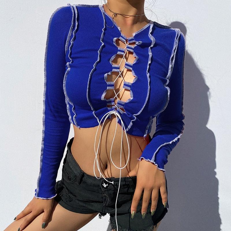 Hollowed Out Sheer Long Sleeve Tee - ODDSALTBoutique