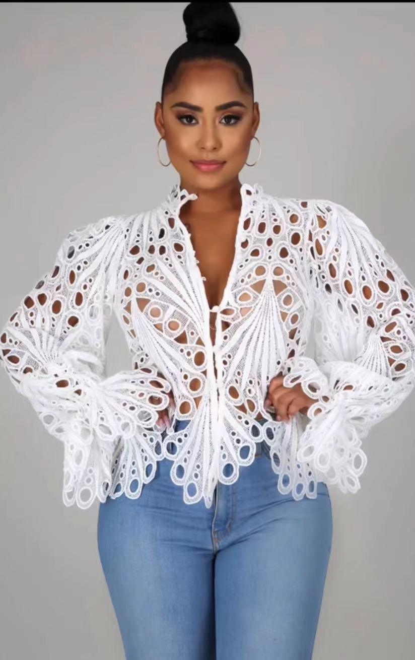 Hollowed out Sheer Mesh Blouse - ODDSALTBoutique